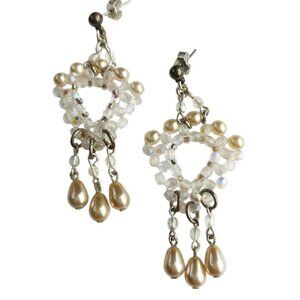 Vintage Czech Faux champagne Pearls and Crystal chandelier dangle earrings